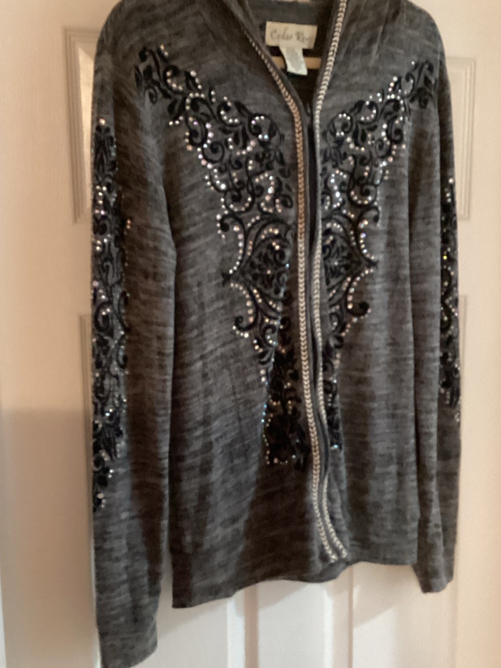 Embellished Gray Zip-Front Hooded Cardigan Sweater
